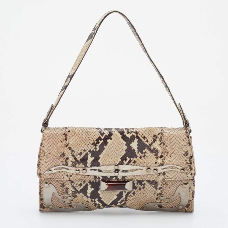 Pre Owned Miu Miu Beige Python Embossed Leather Flap Shoulder Bag