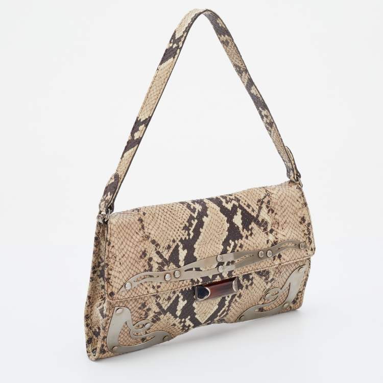 Pre Owned Miu Miu Beige Python Embossed Leather Flap Shoulder Bag