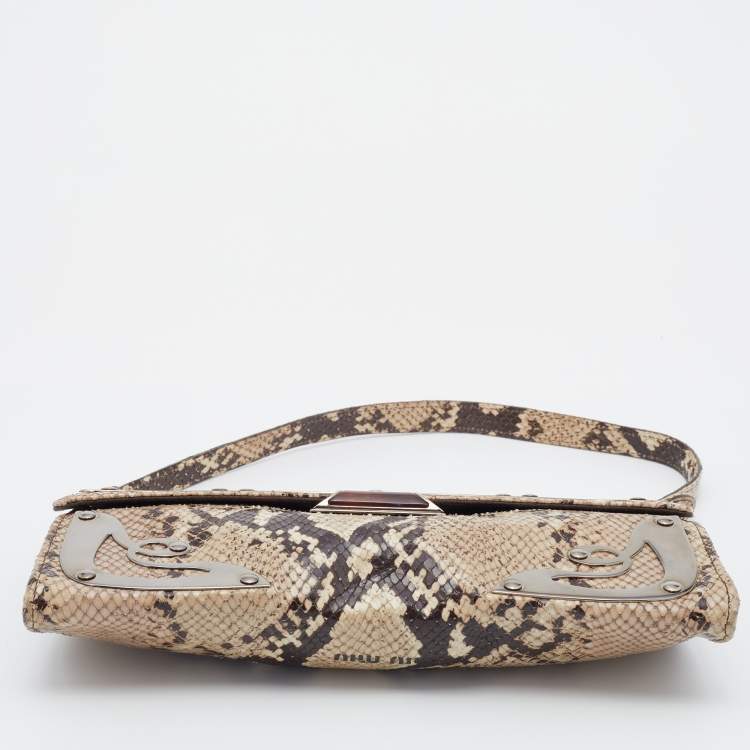 Pre Owned Miu Miu Beige Python Embossed Leather Flap Shoulder Bag