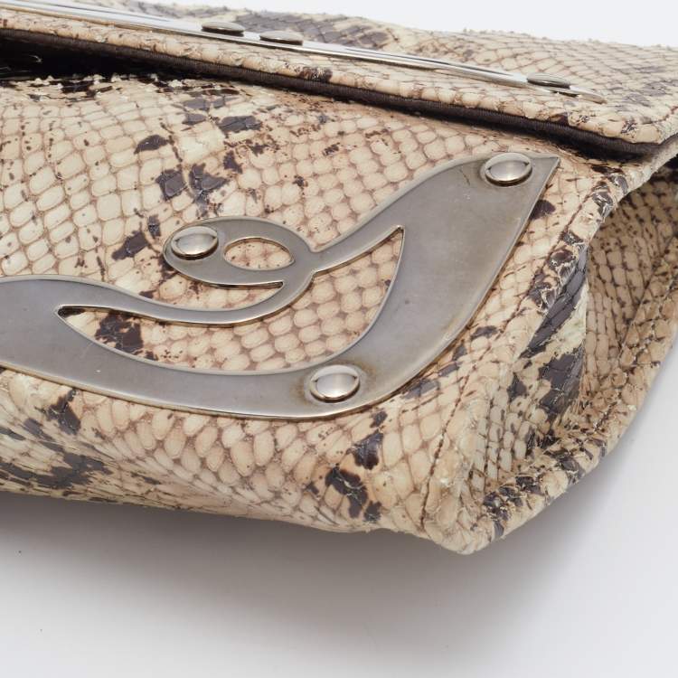 Pre Owned Miu Miu Beige Python Embossed Leather Flap Shoulder Bag