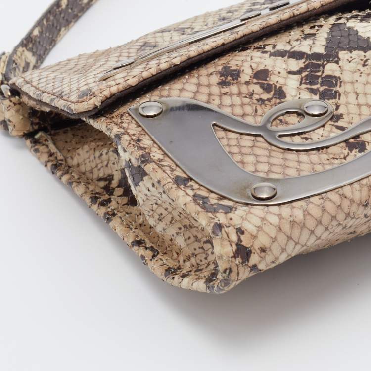 Pre Owned Miu Miu Beige Python Embossed Leather Flap Shoulder Bag