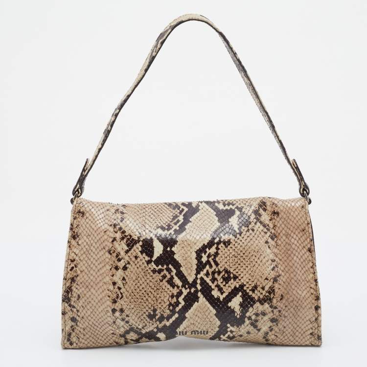 Pre Owned Miu Miu Beige Python Embossed Leather Flap Shoulder Bag
