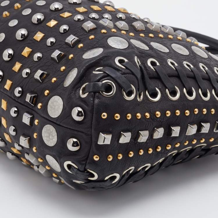 Pre Owned Miu Miu Black Leather Studded Monk Bag