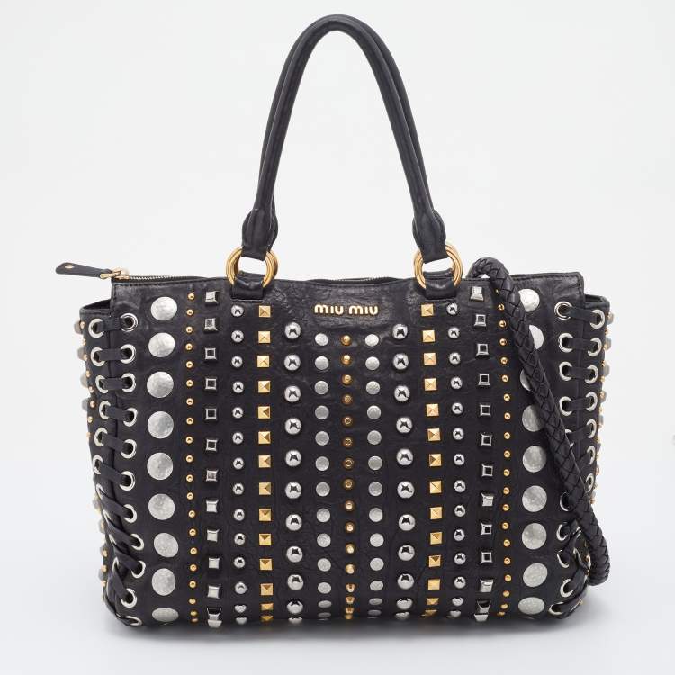 Pre Owned Miu Miu Black Leather Studded Monk Bag