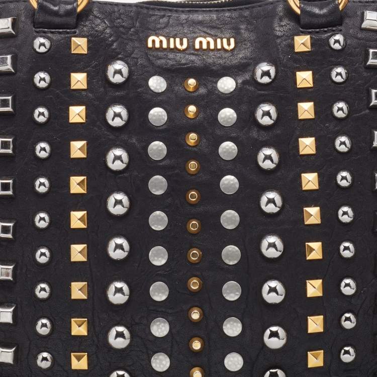 Pre Owned Miu Miu Black Leather Studded Monk Bag