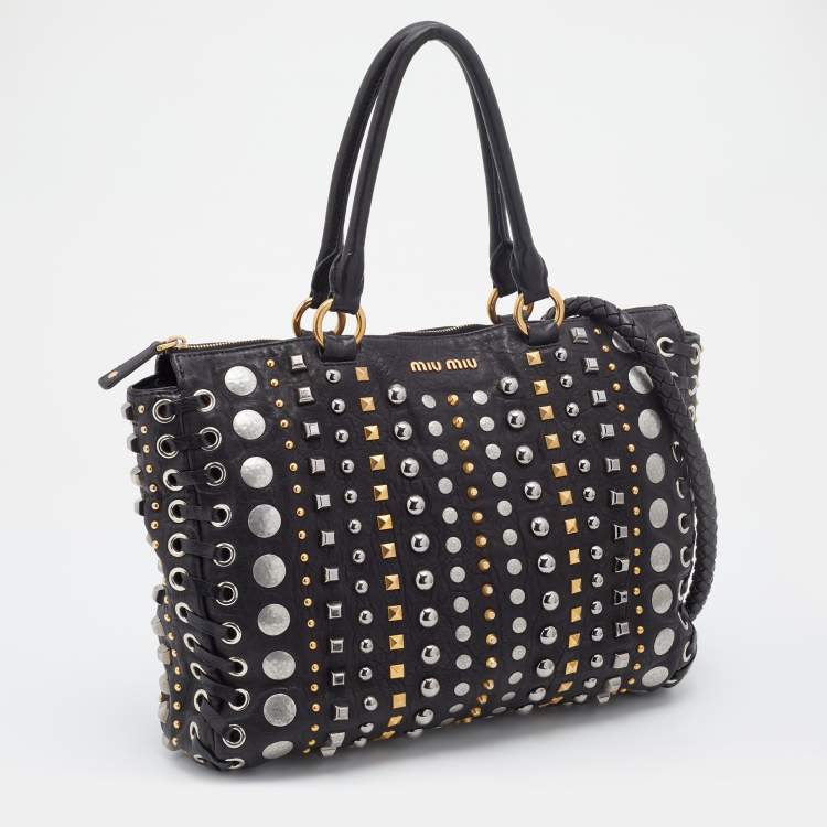 Pre Owned Miu Miu Black Leather Studded Monk Bag