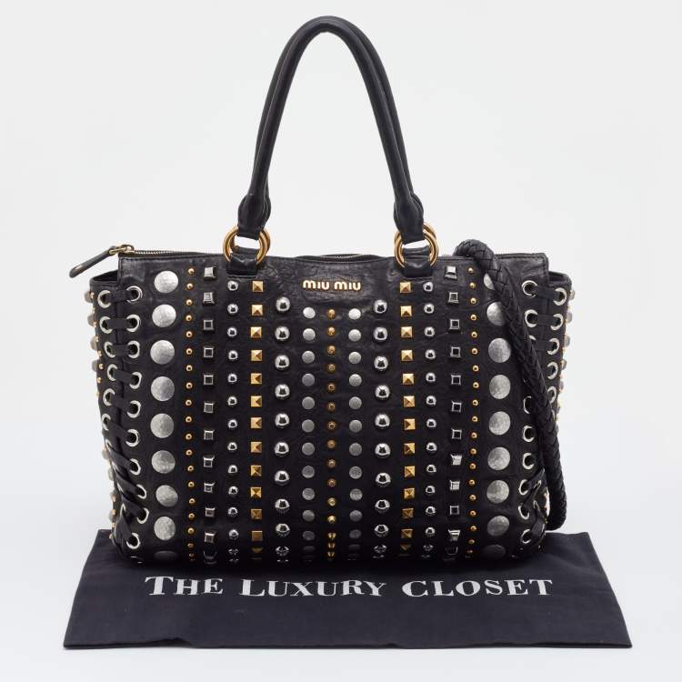 Pre Owned Miu Miu Black Leather Studded Monk Bag