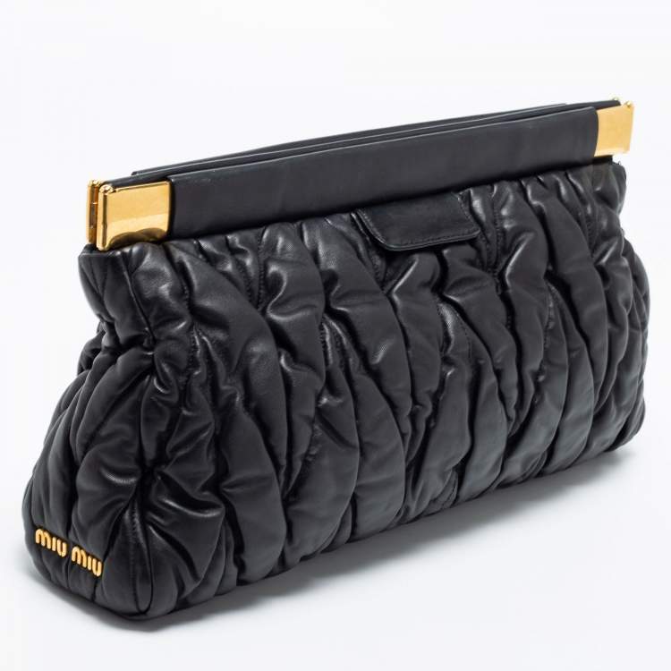 Pre Owned Miu Miu Black Matelassé Leather Frame Clutch
