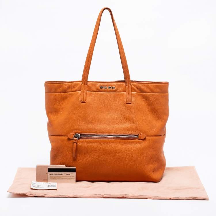 Pre Owned Miu Miu Orange Vitello Daino Leather Front Zipped Shopper Tote