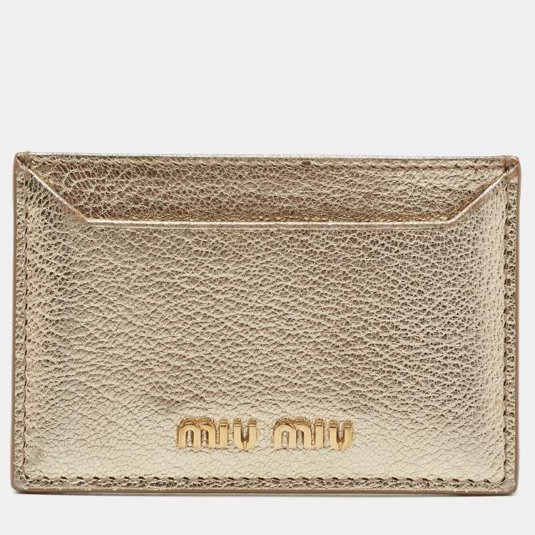 Pre Owned Miu Miu Metallic Gold Madras Leather Card Holder