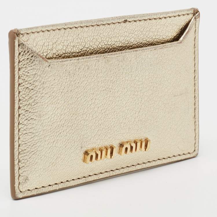Pre Owned Miu Miu Metallic Gold Madras Leather Card Holder