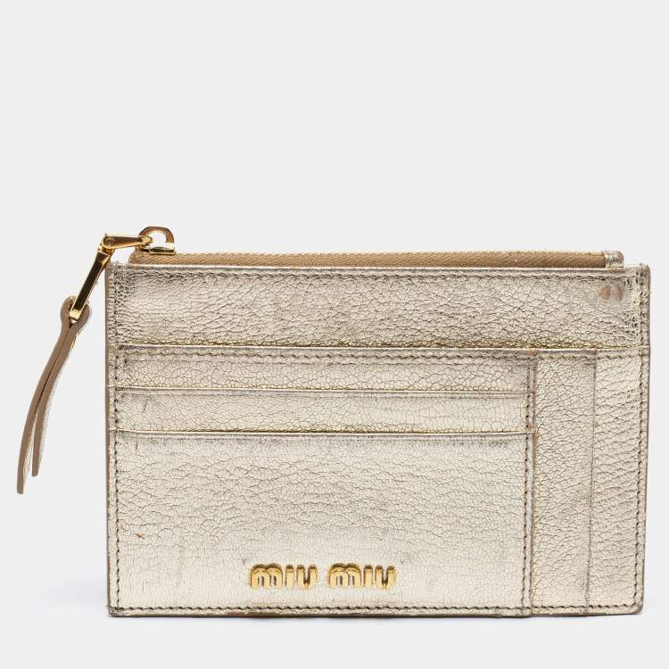 Pre Owned Miu Miu Metallic Gold Leather Madras Card Holder