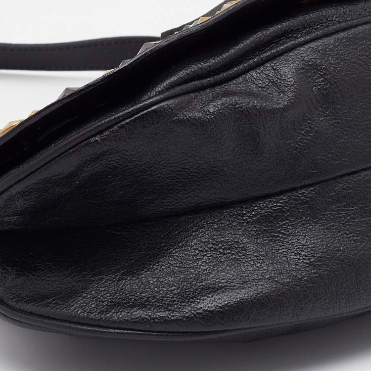 Pre Owned Miu Miu Black Leather Studded Flap Shoulder Bag