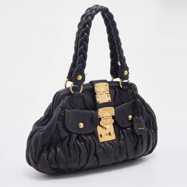 Pre Owned Miu Miu Black Matelassé Leather Coffer Frame Satchel