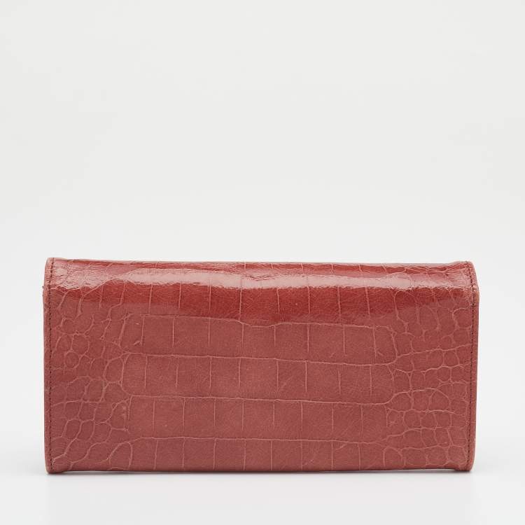 Pre Owned Miu Miu Light Burgundy Croc Embossed Patent Leather Continental Wallet