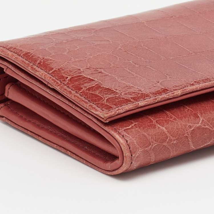 Pre Owned Miu Miu Light Burgundy Croc Embossed Patent Leather Continental Wallet