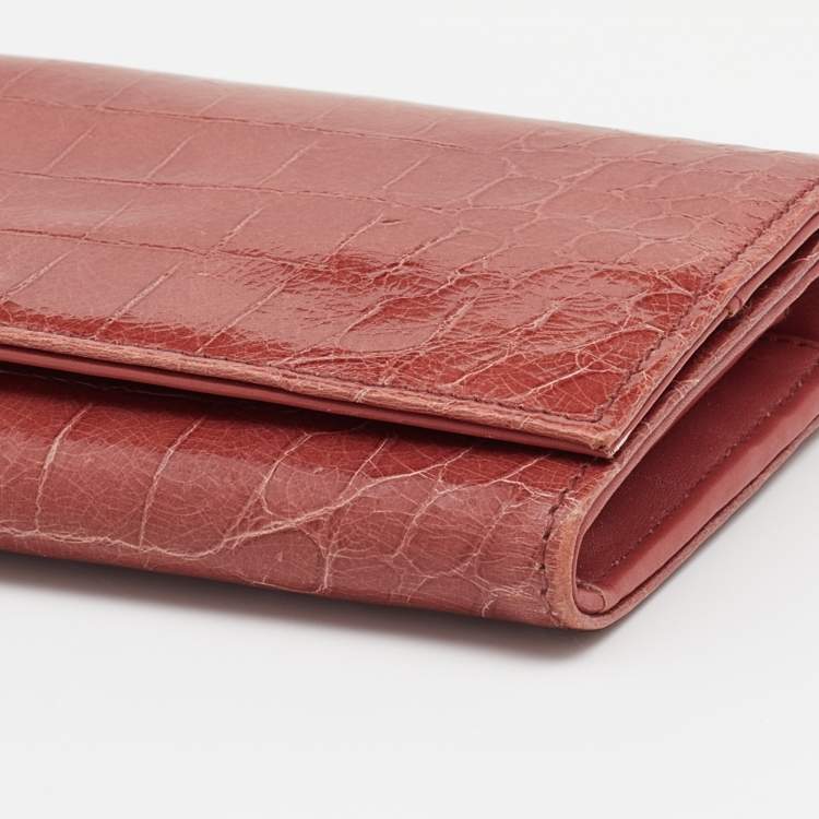 Pre Owned Miu Miu Light Burgundy Croc Embossed Patent Leather Continental Wallet