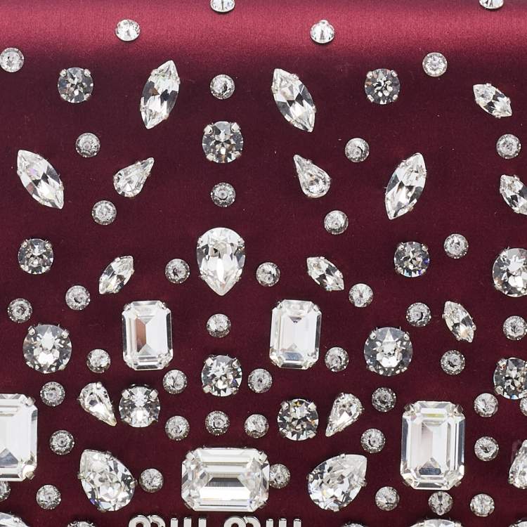 Pre Owned Miu Miu Burgundy Satin Crystal Embellished Chain Shoulder Bag