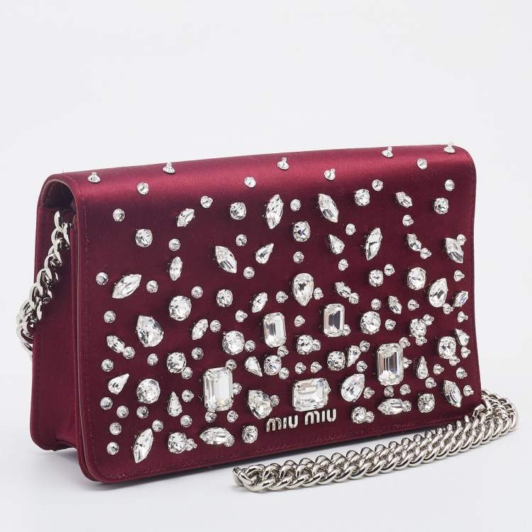 Pre Owned Miu Miu Burgundy Satin Crystal Embellished Chain Shoulder Bag