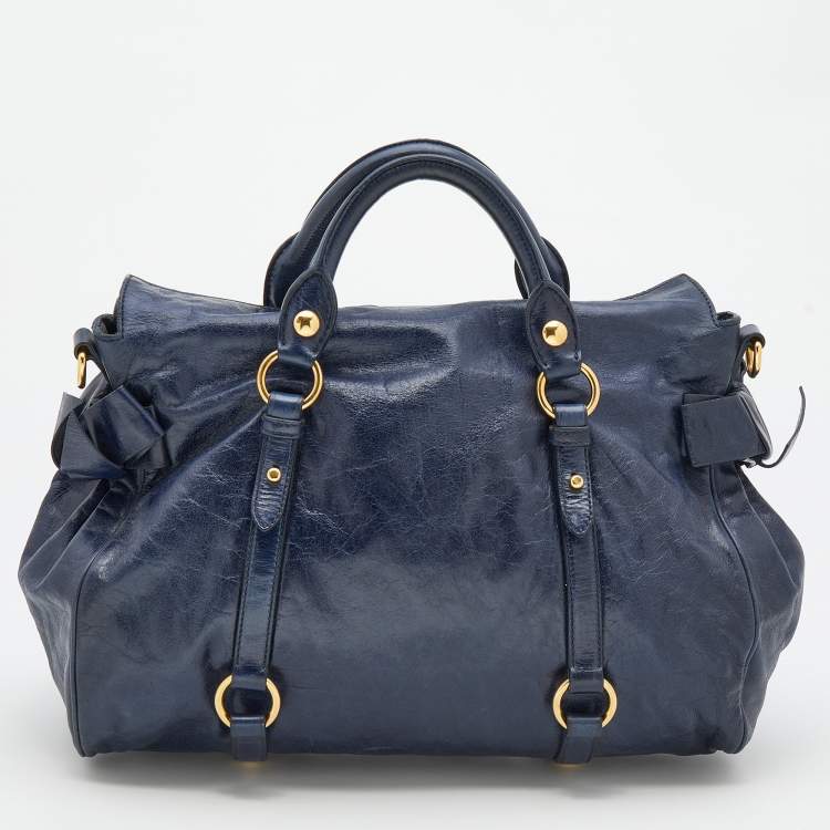 Pre Owned Miu Miu Blue Vitello Lux Leather Bow Bag