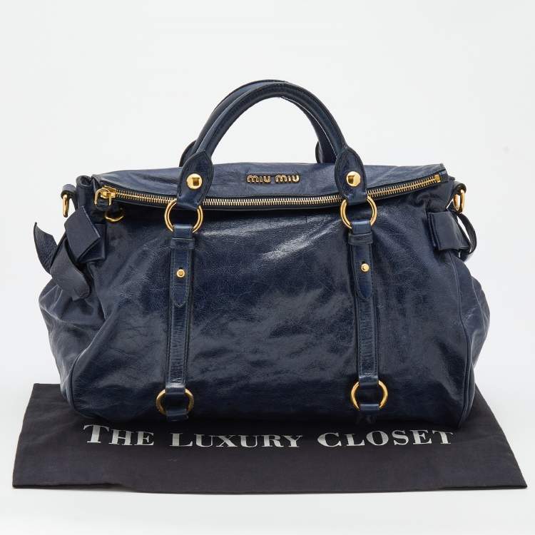 Pre Owned Miu Miu Blue Vitello Lux Leather Bow Bag