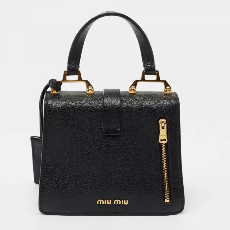 Pre Owned Miu Miu Black Leather Mini Madras Top Handle Bag
