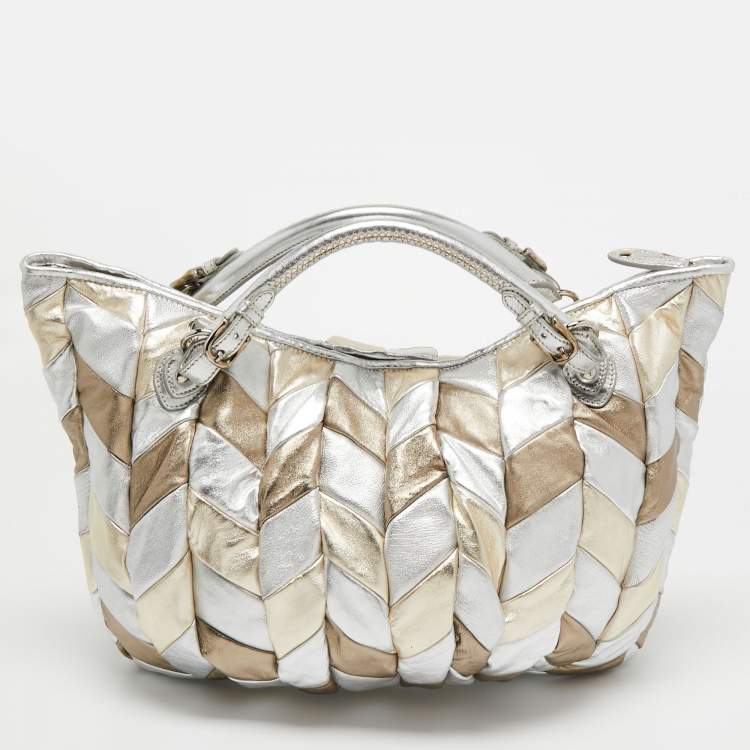 Pre Owned Miu Miu Metallic Silver/Gold Leather Harlequin Tote