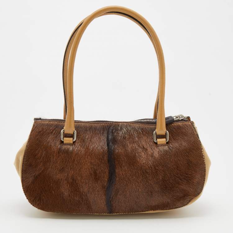Pre Owned Miu Miu Brown/Beige Fur and Fabric Satchel