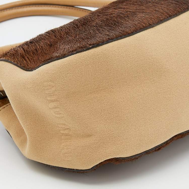 Pre Owned Miu Miu Brown/Beige Fur and Fabric Satchel