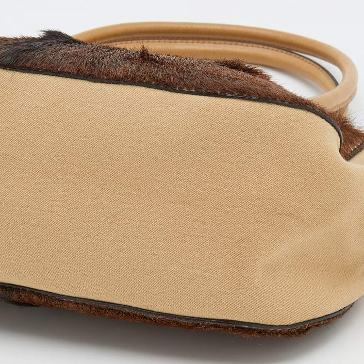 Pre Owned Miu Miu Brown/Beige Fur and Fabric Satchel