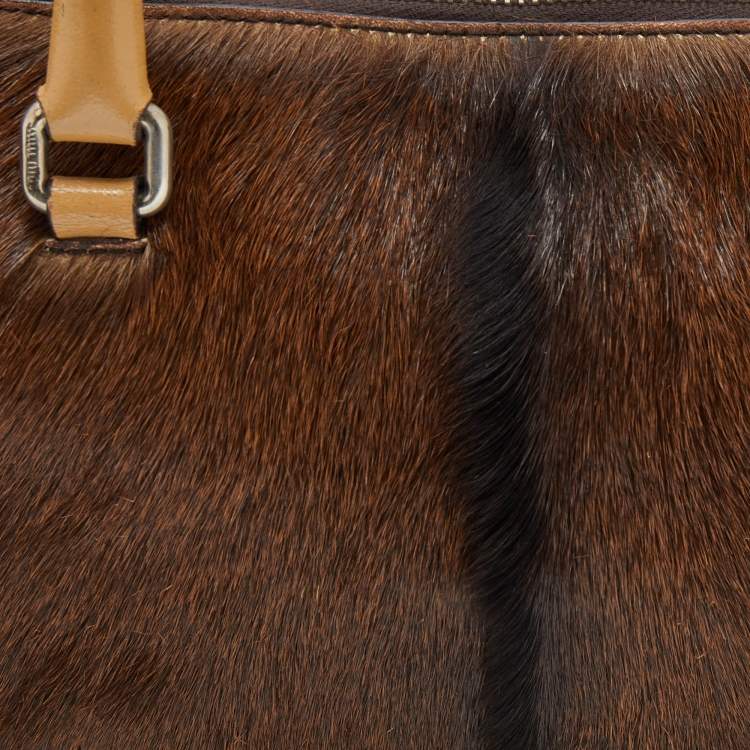 Pre Owned Miu Miu Brown/Beige Fur and Fabric Satchel