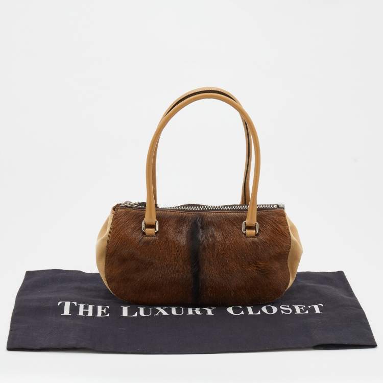 Pre Owned Miu Miu Brown/Beige Fur and Fabric Satchel