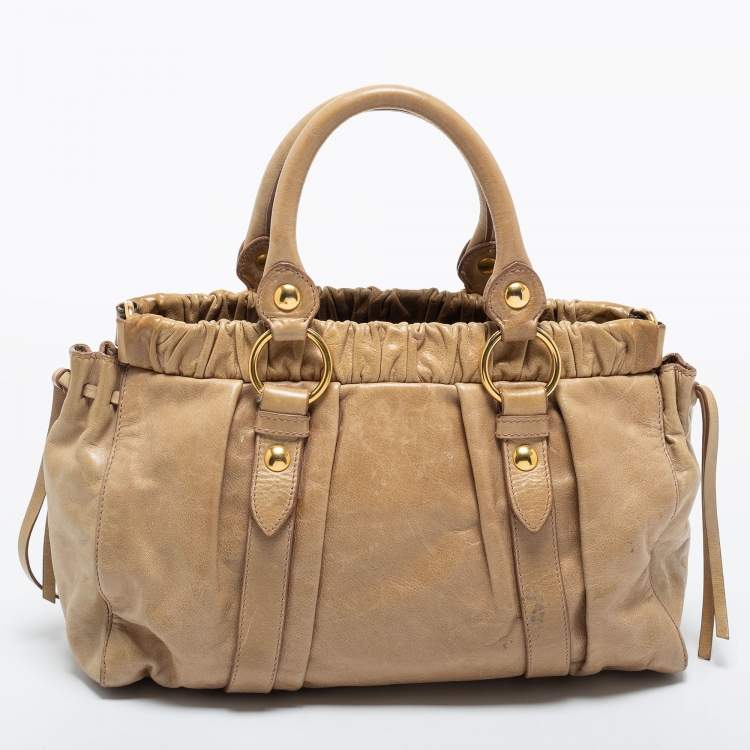 Pre Owned Miu Miu Beige Gathered Leather Satchel 
