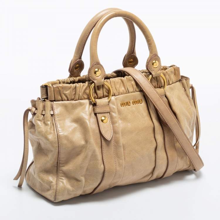 Pre Owned Miu Miu Beige Gathered Leather Satchel 