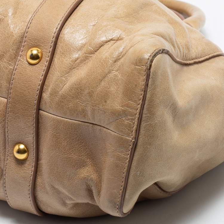 Pre Owned Miu Miu Beige Gathered Leather Satchel 