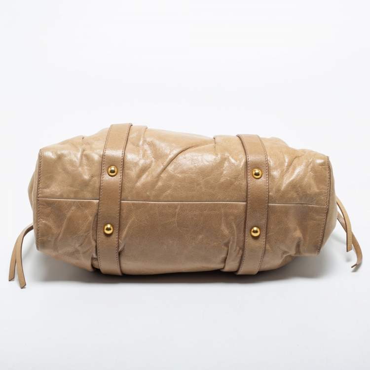 Pre Owned Miu Miu Beige Gathered Leather Satchel 
