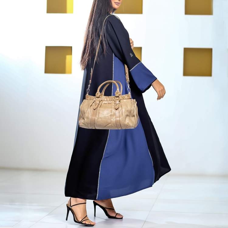 Pre Owned Miu Miu Beige Gathered Leather Satchel 