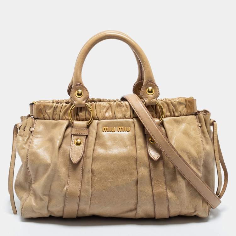 Pre Owned Miu Miu Beige Gathered Leather Satchel 