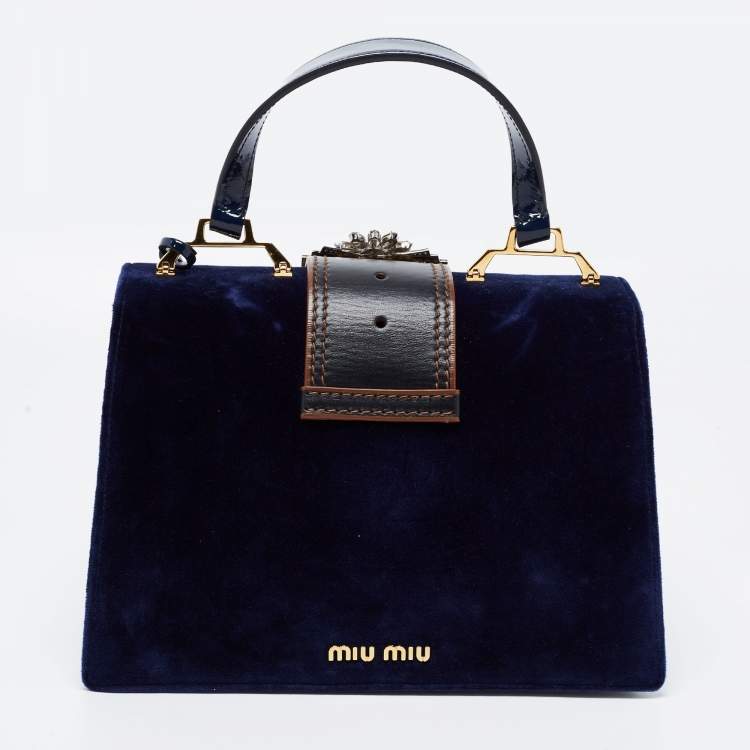 Pre Owned Miu Miu Blue Velvet Crystal Embellished Buckle Flap Top Handle Bag