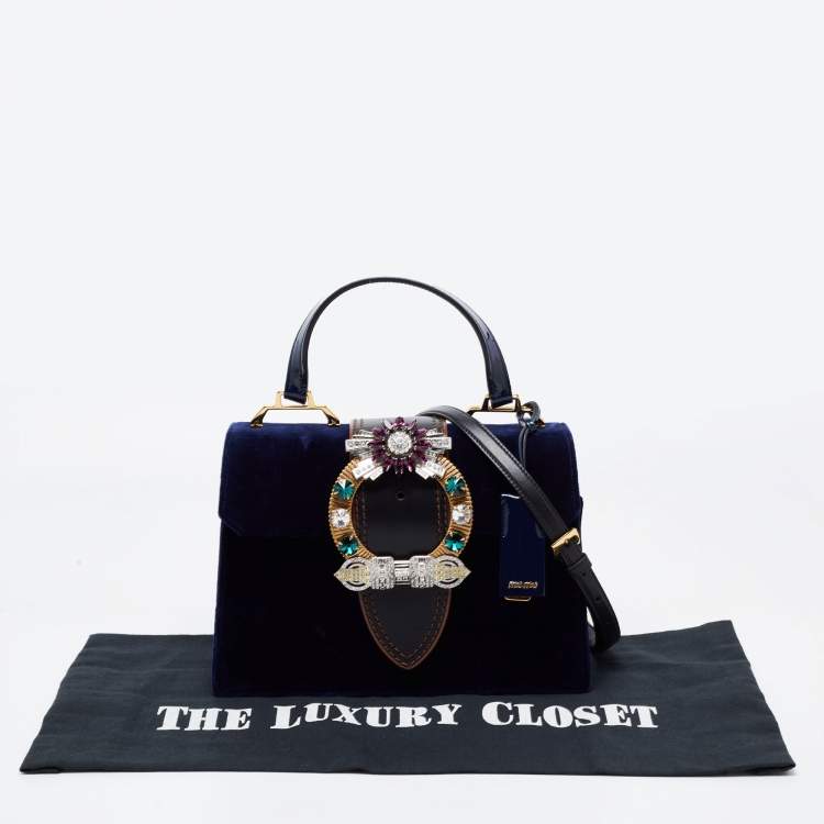 Pre Owned Miu Miu Blue Velvet Crystal Embellished Buckle Flap Top Handle Bag