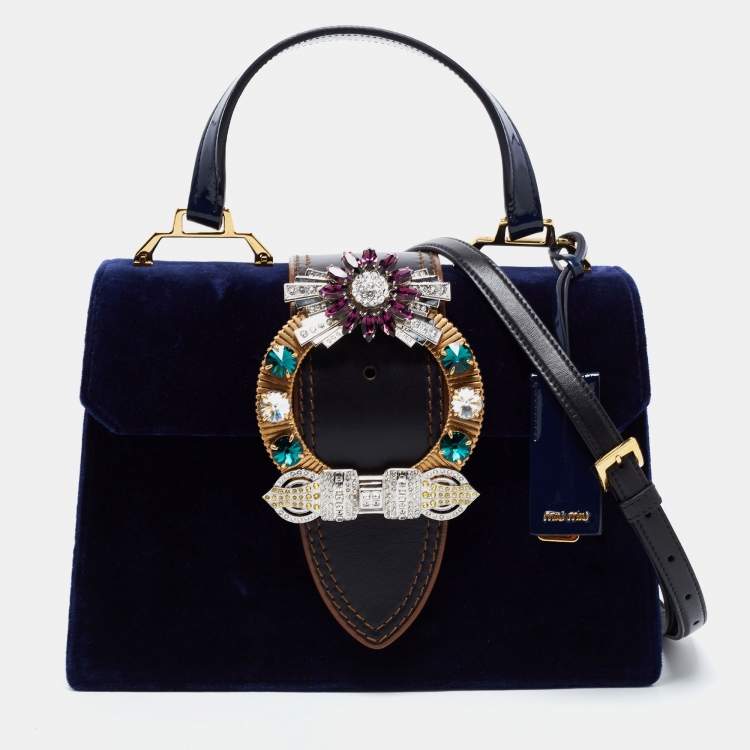 Pre Owned Miu Miu Blue Velvet Crystal Embellished Buckle Flap Top Handle Bag
