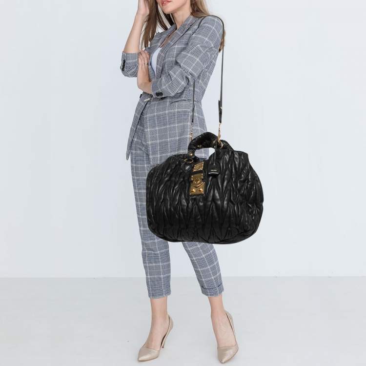 Pre Owned Miu Miu Black Matelassé Leather Large Shopper Tote