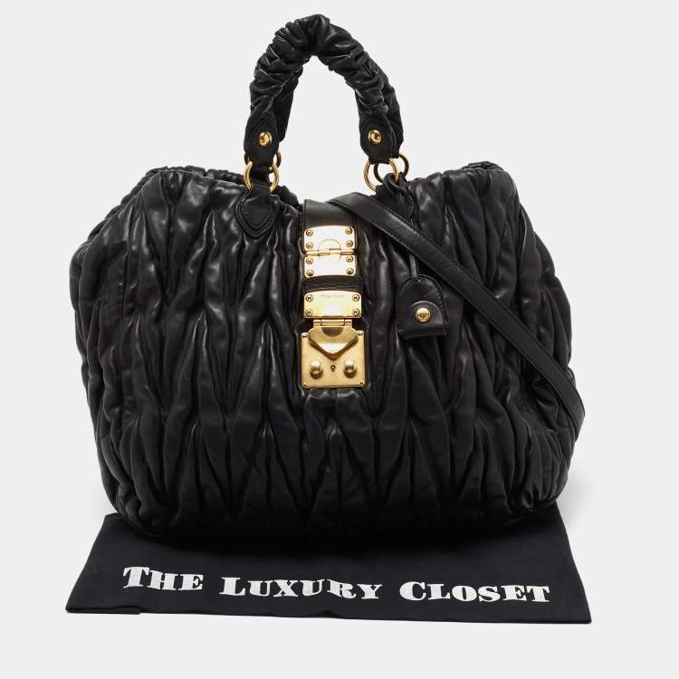 Pre Owned Miu Miu Black Matelassé Leather Large Shopper Tote