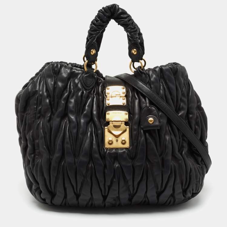 Pre Owned Miu Miu Black Matelassé Leather Large Shopper Tote