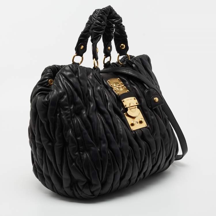 Pre Owned Miu Miu Black Matelassé Leather Large Shopper Tote