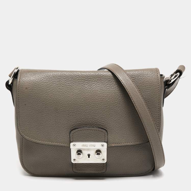 Pre Owned Miu Miu Grey Leather Flap Shoulder Bag
