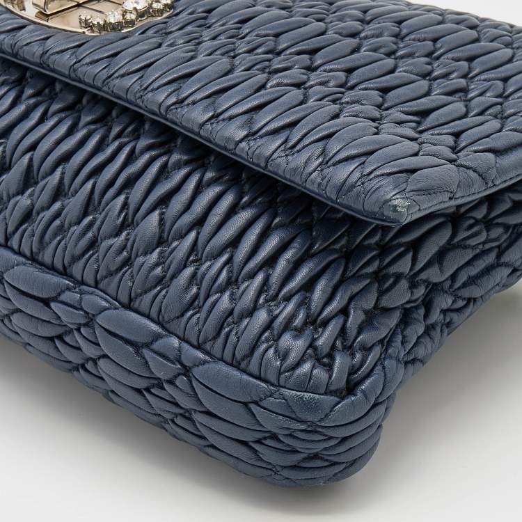 Pre Owned Miu Miu Navy Blue Matelassé Leather Turnlock Flap Shoulder Bag