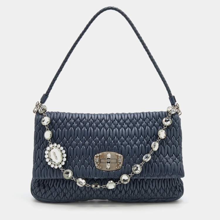 Pre Owned Miu Miu Navy Blue Matelassé Leather Turnlock Flap Shoulder Bag