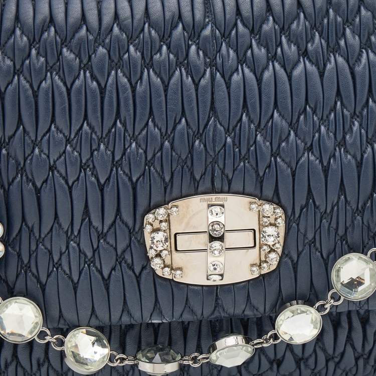 Pre Owned Miu Miu Navy Blue Matelassé Leather Turnlock Flap Shoulder Bag