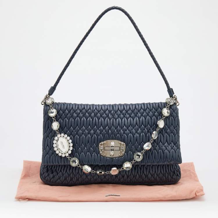 Pre Owned Miu Miu Navy Blue Matelassé Leather Turnlock Flap Shoulder Bag